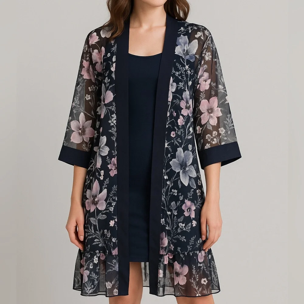 🆕 R&M Richards 22W Navy Pink Floral Mesh Jacket Kimono Cardigan Duster Plus Size - Picture 1 of 16